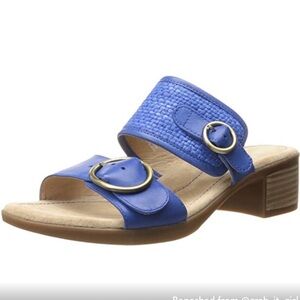 Dansko Lenny Blue Leather Buckle Block
Heel Sandals
